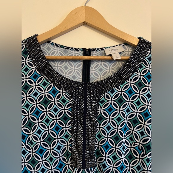 Ann Taylor LOFT Women Shift Dress 6 Blue Beads Preppy Casual Mandala Work Modest - Picture 3 of 17